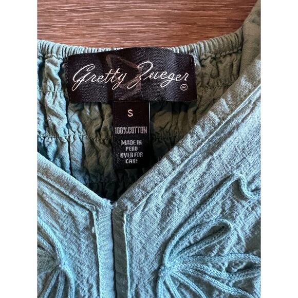 GRETTY ZUEGER womens size S embroidered Cotton Teal maxi dress Boho Cottagecore - Picture 2 of 10